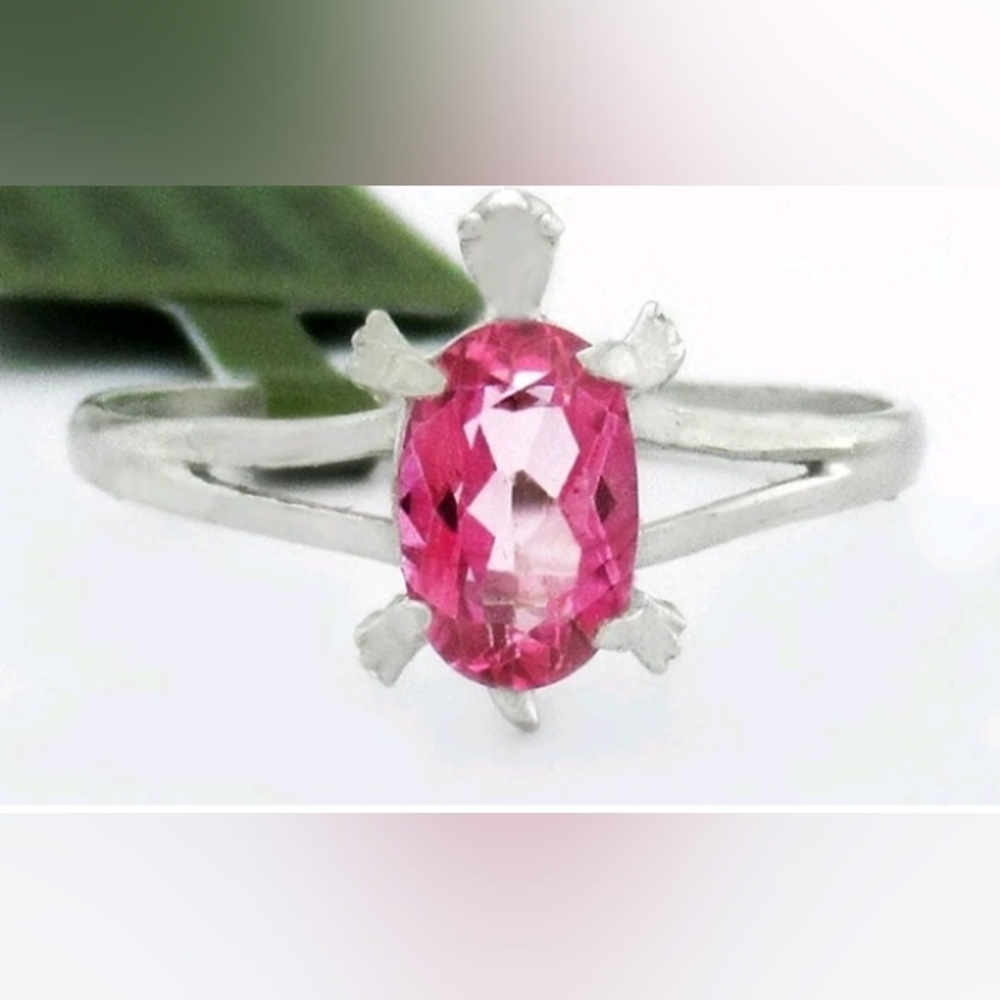 SALE! Turtle Ring 10kt Solid White Gold & Genuine 0.72 CTS Pink Sapphire